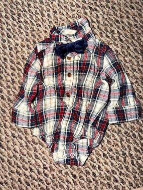 Tommy Bahama Infant Plaid Bodysuit with Bow Tie Blue & Red Boys 0-3